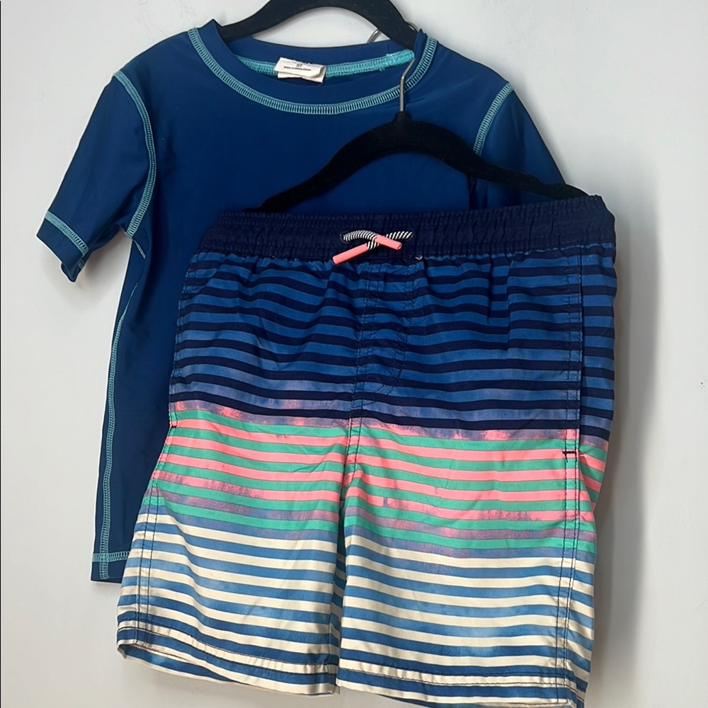 Cat & Jack Blue Pink Cream Striped Swim Shorts Set Navy Short Sleeve Rashguards‎